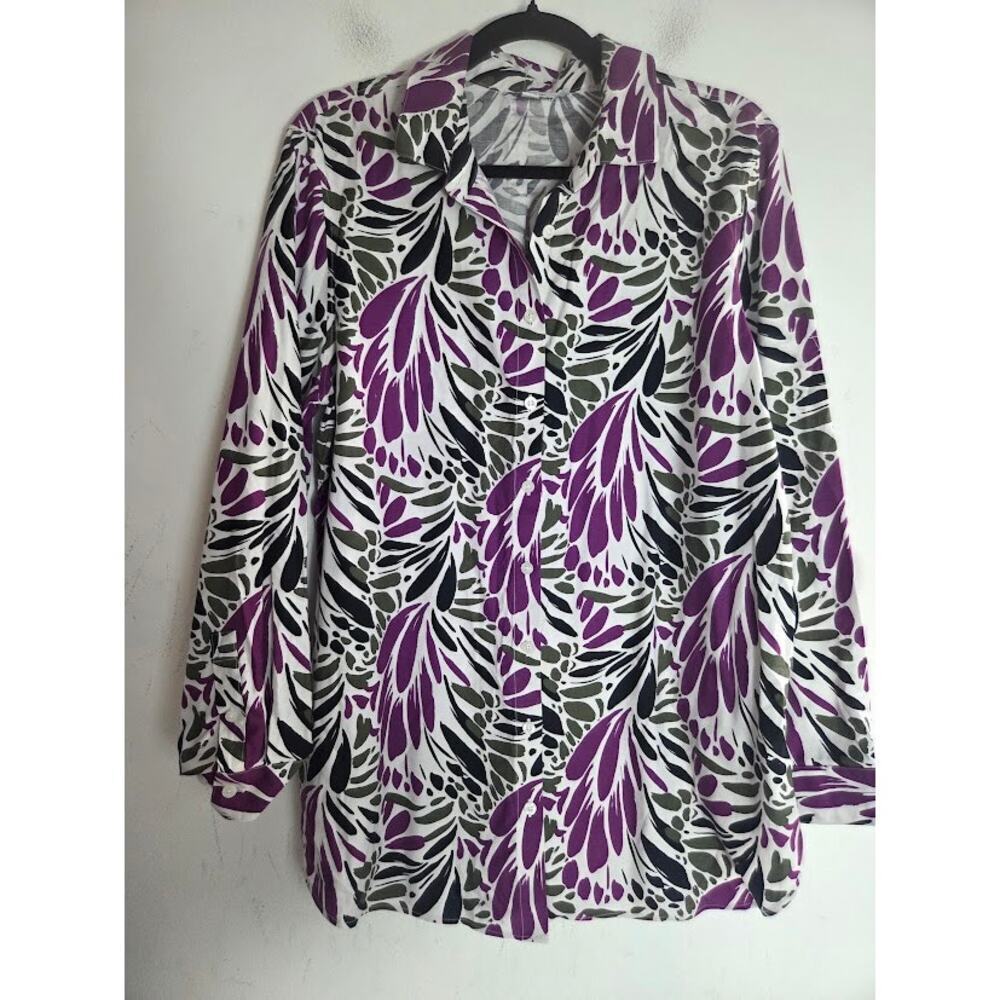 Chico's White w/Purple Green Floral Cotton Button Down Blouse size 3/US 16